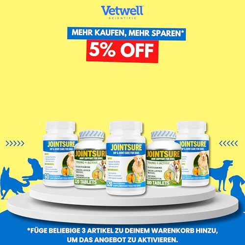 Gelenktabletten Hund - JOINTSURE Premium Gelenk Kapseln, 120 Tabletten mit Glucosamin, Gelenkpulver & Grünlippmuscheln, für verbesserte Mobilität & Gelenkgesundheit bei Hunden