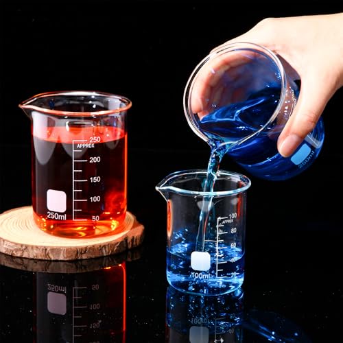 Tanlade 12 Pcs Glass Beaker, Heavy Duty Lab Beaker with Printed, High Borosilicate Class Measuring Cup Bulk Graduation for Laboratories Classrooms or Home (50ml,100ml,250ml)