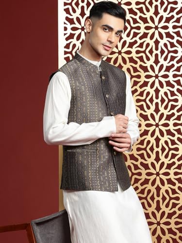 Image of MANQ Men's Kurta With Churidar & Ethnic Motifs Nehru Jacket Set For Wedding, Festival & Formal Occasions