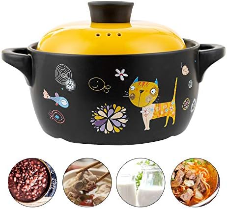 AHUONEL Ceramic Stockpot Clay Cooking Pot Cookware Stovetop, Cartoon Pattern Stew Pot Hot Pot Clay Pots Soup Pot Casserole Cooking Pot 2.6 Quart Yellow Cat
