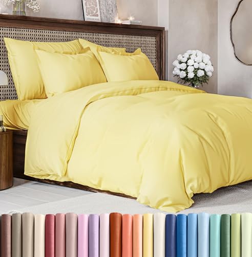 Image of Duvet Cover Queen Size Set - Extra Soft Queen Duvet Cover 90 inch x 90 inch with 2 Pillow Shams for Women, Men, Kids & Teens - Hotel Luxury, Easy-Care w / Zipper Closures & Ties - Comfy & Breathable (Yellow)