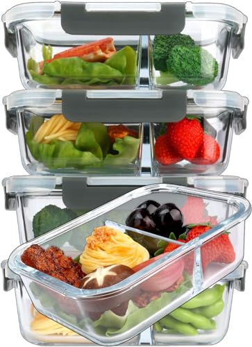 Glass Meal Prep Containers Portion Control with Upgraded Snap Locking Lids Glass Food Storage Containers Microwave Oven Freezer and Dishwasher (2 Compartments 1Pcs)