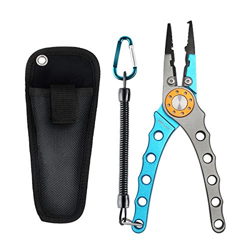 SAN LIKE Fishing Pliers Hook Remover, Aluminum Tungsten Carbide Cutters, Saltwater Resistant Fishing Gear Split Ring Fish Holder with Coiled Lanyard & Sheath - Fishing Gifts for Men(Blue)