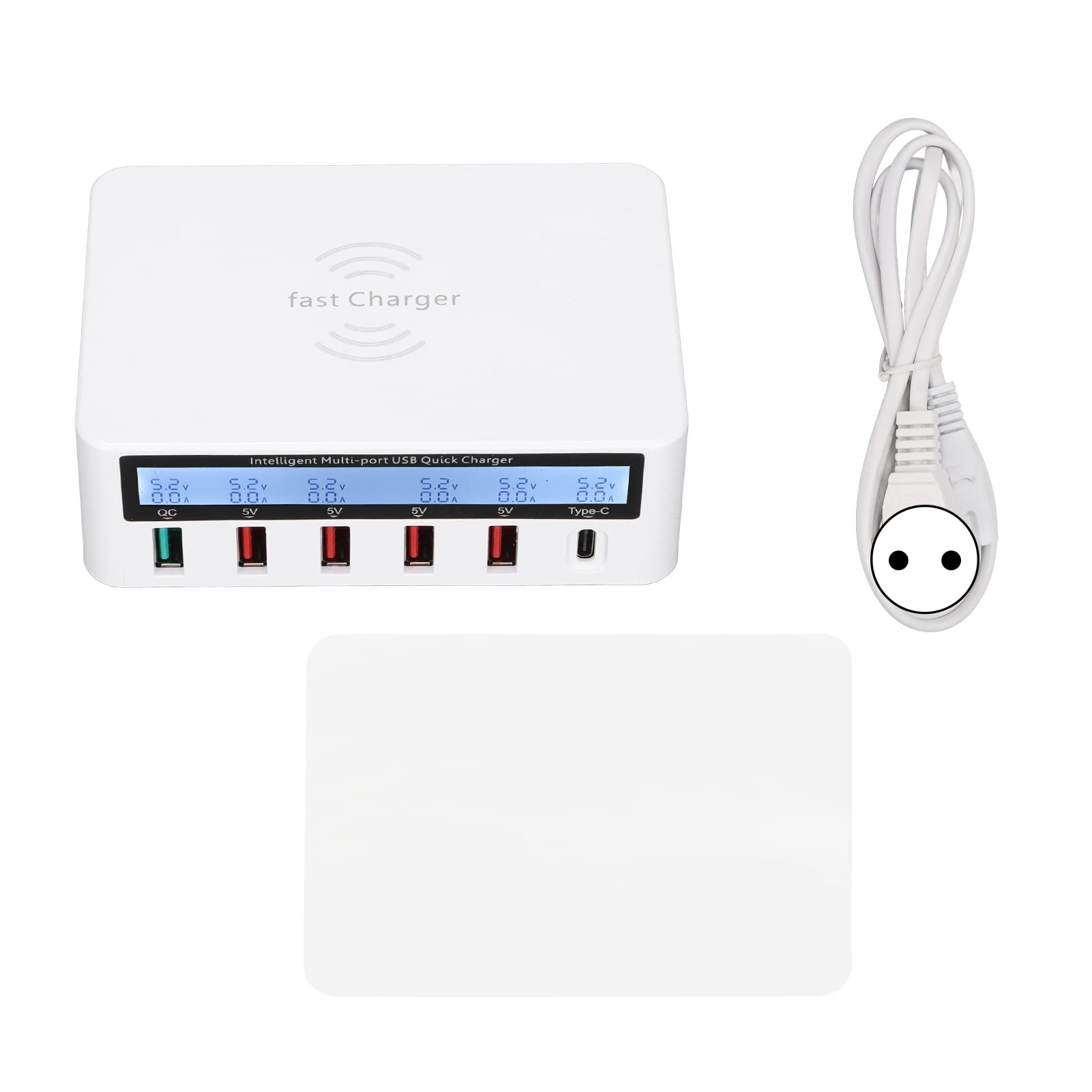 40-W-USB-C-Ladeblock, 6-Port-Schnellladestations-Hub mit 4 USB 1QC3.0 1 Typ-C und Kabelloser Ladeposition, für Tablet-Smartphones (White)