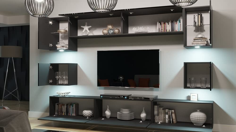 Furnitech Wohnzimmer | LED Weiß Möbel | Hängende Schrankwand Modern mit Regalen und TV-Schrank (Nowara AN1-17W-HG21 1A)