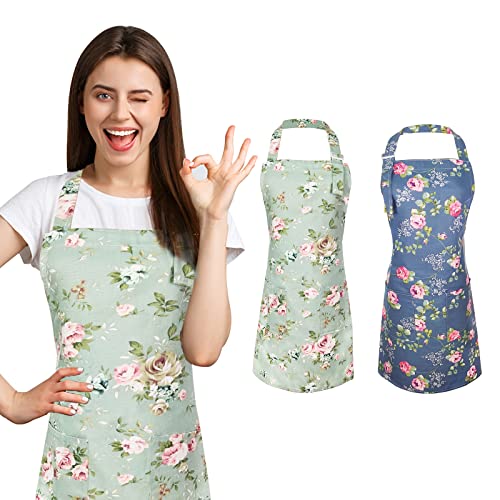 Surmounty Schürzen 2Pcs Verstellbare Latzschürze, Florale Schürzen Leinen Apron mit Taschen, Damen Grillschürze Kochschürze für Koch, Cupcake, Cafe Cover