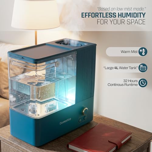 Image of Domestica AeroMist Humidifier for Room Moisture | Ultrasonic Warm Mist with 4L Tank | Up to 32H Runtime | Aroma Diffuser with Aroma Pan | LED Night Light, 2-Level Mist Control | Easy Top-Fill & Quiet