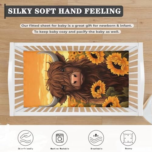 Image of Highland Cow Baby Crib Sheets Neutral Sunflower Bedding Sets for Standard Cribs Breathable Baby Sheet for Bassinet Fitted Crib Sheets Nursery Decor Boy Girls Toddlers