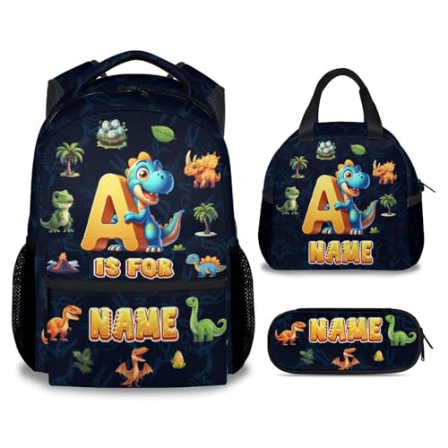 KNOWPHST Personalized Backpack Set for Boys - Dinosaur Backpacks for Kids, 17 Inch Durable Toddler School Bookbag with Adjustable Straps