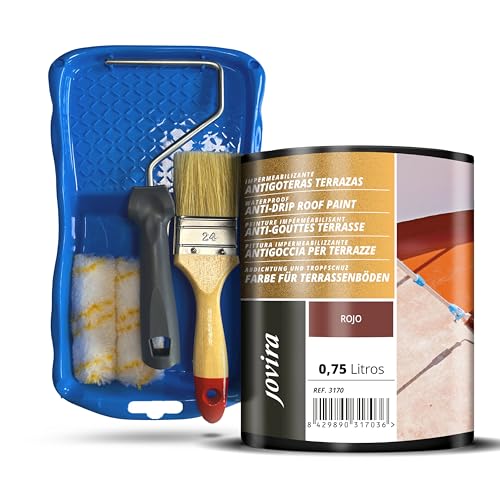 JOVIRA PINTURAS Impermeabilizante Antigoteras, Pintura de terrazasy todo tipo de cubiertas + Minicubeta, 2 Mini Rodillos Antigota, Varilla y Paletina (750 Mililitros, Rojo + Minikit)