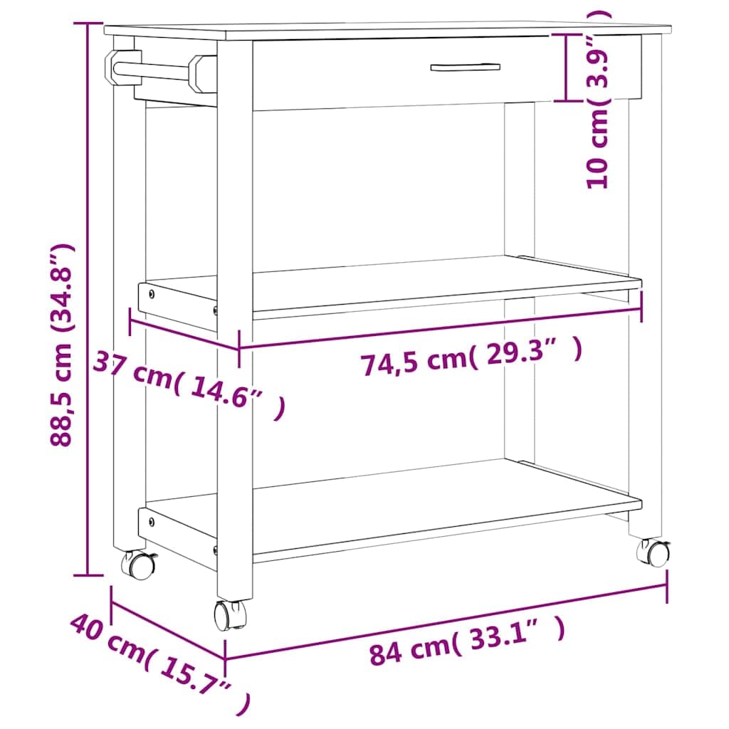 vidaXL Carrito de Cocina, Organizador de Comida Verduras Té, Carro de Servicio, Almacenamiento para Baño Salón Estudio, Madera Maciza de Pino