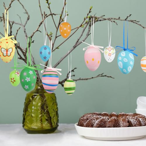 Miniatura 7 de Jangostor 50 Piezas Huevos De Plástico Pintados - 2 Tamaños Colgantes Decoraciones De Huevos De Pascua Con Varios Estilos Puntos Rayas Flores Para Árbol Escuela Hogar Decoración De Pascua