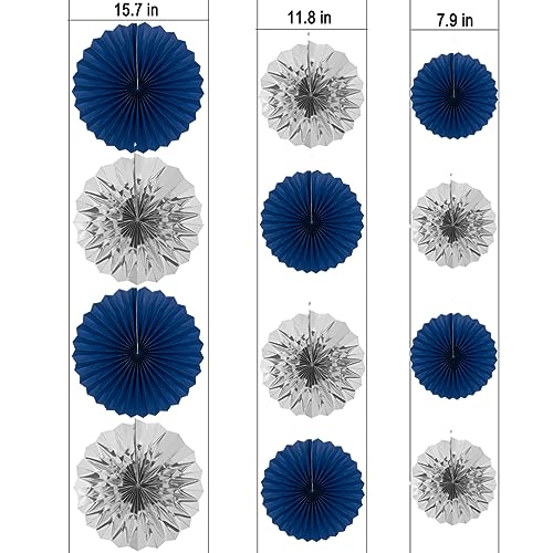 Image of MOWO Royal Blue and Silver Paper Fans Hanging Decoration, 12pc | Wall Decoration Background, birthday graduation wedding retirement new year christmas day party decoration