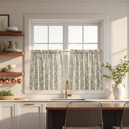 Image of TWOPAGES Rod Pocket Leaf Print Cafe Curtains, Stone, 26W x 36L