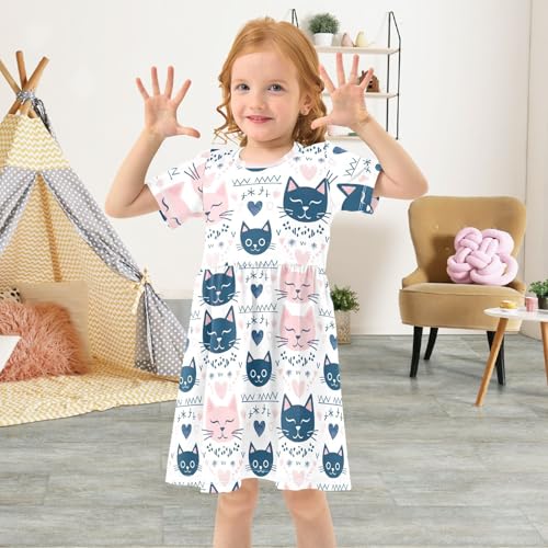 Girls' Cute Cat Short Sleeve Dresses - Quick-Dry Knit Fabric, Soft Comfortable 208564184