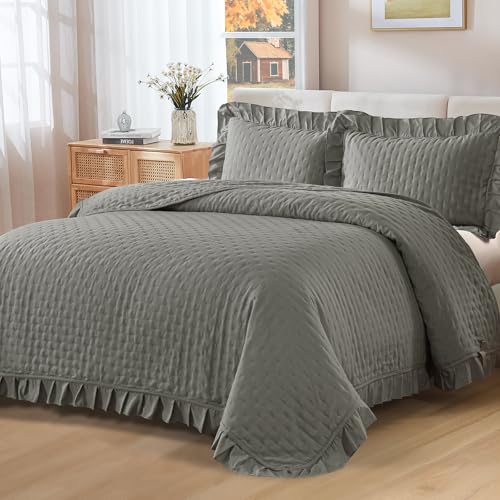 WONGS BEDDING Tagesdecke 240x260 Bettüberwurf Anthrazit Decke Steppdecke 3 Teilig Doppelbett Gesteppt Bettdecke Vielseitige Wohndecke mit 2 Kissenbezug 50x75 für Schlafzimmer als Sofaüberwurf