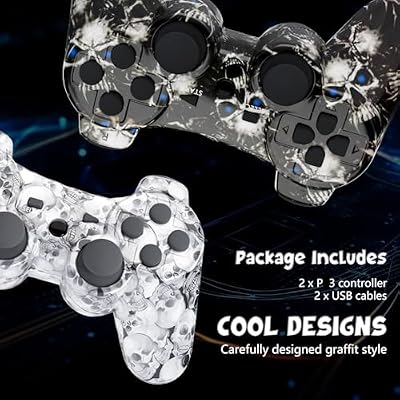 Controller for PS-3 Wireless, Gaming Remote Joystick for Play 3 with Charger Cable Cord (Black Ghost, White Skull)