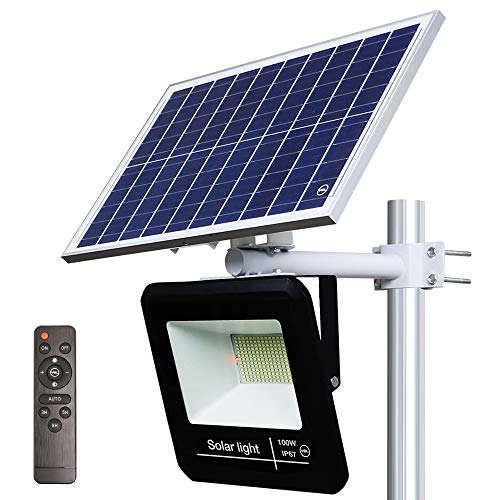 YQL 100W Outdoor LED Solar Street Security Flood Light IP67 Waterproof White 6500K 208 LEDs Auto On/Off Dusk to Dawn Timer with Remote and Bracket for Exterior Roads Yard Garden Pathway Landscape