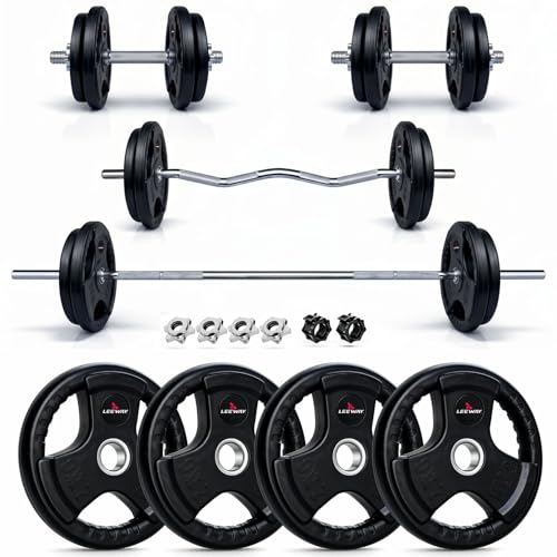 Image of Leeway 10kg Combo | Home Gym Set for Men | Barbell Rod with Plates and Dumbbell Set | Rubber Weight Plate, 3 Ft Curl + 5 Ft Rod (28mm) | Weightlifting Gym Equipments for Home Workout Kit Zym (1, Black, 10kg Set (2.5X4))