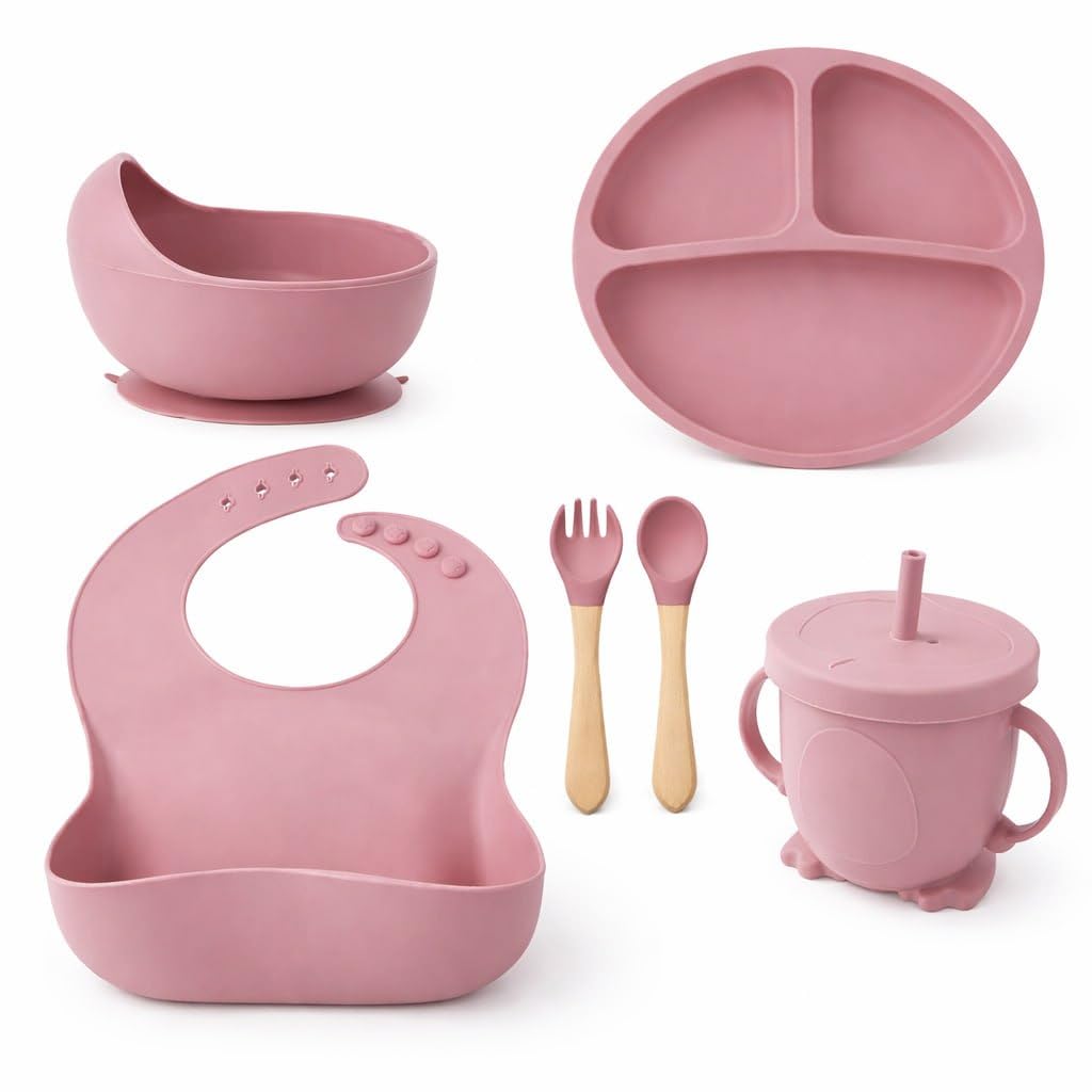 Crega 6 PCS Silicone Baby Feeding Set [Pink] | BPA Free Food Grade Silicone Baby Weaning Set with Suction Plate, Suction Bowl, Bib, Straw Sippy Cup, Spoon & Fork-image-43