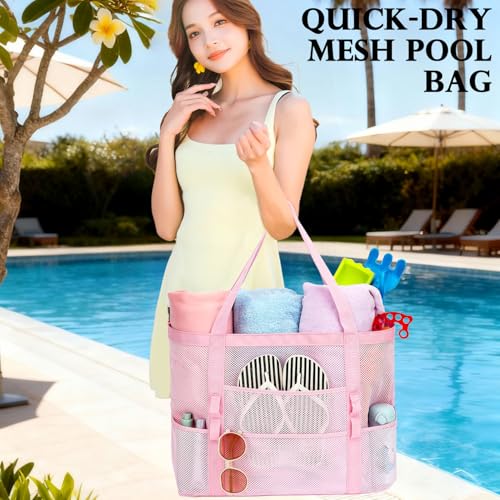 Image of Fammart Mesh Beach Bag for Women, Large Beach Toy Pool Bag with Zipper Pocket, SandProof Cruise Essentials 2026 Family Travel