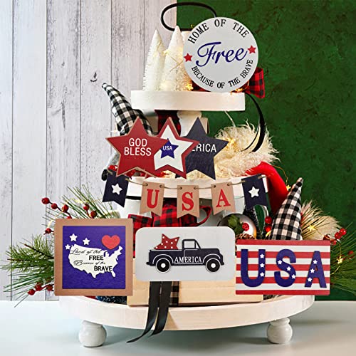 POUYRBA 4th of July Tiered Tray Decor, 12pcs Red White Blue Wooden Decoration Set Patriotic Tiered Tray Rustic Farmhouse Decor for Memorial Day Independence Day for Home Table Decoration