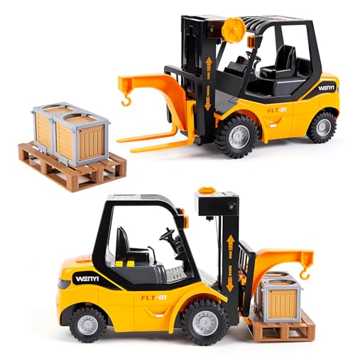 Image of 11.8 Inch Friction Powered Toy Forklift Truck with Lights & Sounds, 1 /16 Scale Construction Vehicle with Pallet & 2 Cargo Boxes, Push Car for Toddlers Age 3, 4, 5 Boys Girls - Easter Gifts