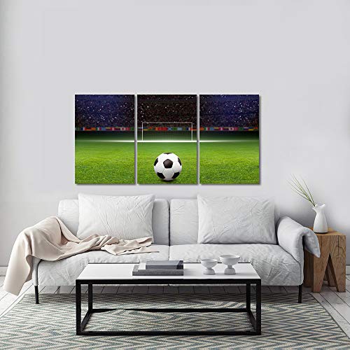 Homeoart 3 Panels Canvas Wall Art Soccer Ball On Green Huge Football Field With Soccer Gate Picture Poster Sports Painting Home Wall Decor For Boys Bedroom #TOP1
