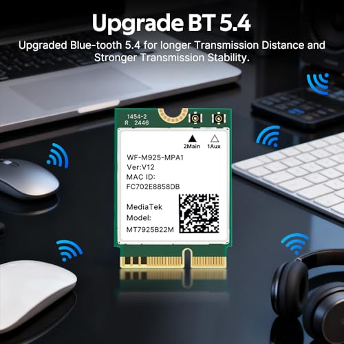 Tarjeta de Red Inalámbrica WiFi 7 MT7925 BE6500, M.2 2230, Bluetooth 5.4, Tri-banda 6G/5G/2.4GHz, 802.11be OFDMA, Compatible con Intel y AMD, Windows 11/10 de 64 bits miniatura 6