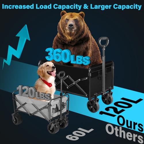 Image of Collapsible Wagon Cart with Wheels Foldable: 360LBS Heavy Duty Folding Utility Wagon - Portable All Terrain Grocery Wagon Cart for Groceries Shopping Outdoor Camping Fishing Sports (Dark Black)