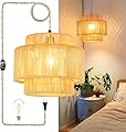 QIYIZM Plug in Pendant Light Hanging Lights with Plug in Cord Hanging Lamp Boho Rattan Dimmable Wicker Bamboo Woven Shade Hemp Rope Ceiling Light Fixture for Living Room Bedroom Kitchen