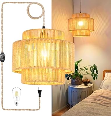 QIYIZM Plug in Pendant Light Hanging Lights with Plug in Cord Hanging Lamp Boho Rattan Dimmable Wicker Bamboo Woven Shade Hemp Rope Ceiling Light Fixture for Living Room Bedroom Kitchen