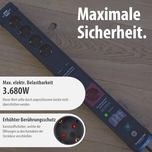 Brennenstuhl Premium-Line Steckdosenleiste 5-Fach mit Überspannungsschutz und Main-Follow Funktion (Mehrfachsteckdose mit Schalter und 3m Kabel, Steckdosenleiste Wandmontage, Made in Germany) schwarz