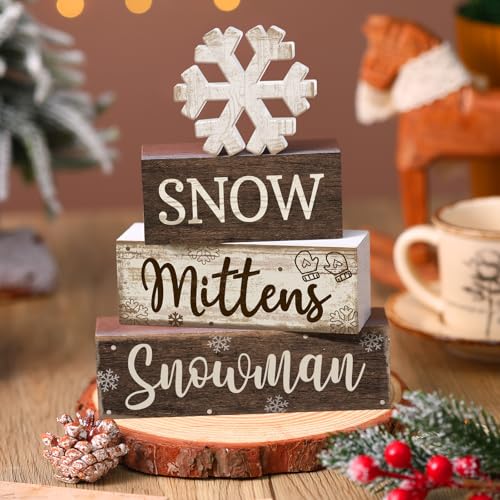 Image of Moucuny 4 Pcs Winter Table Decorations Wooden Snowflake Decor Christmas Tiered Tray Decor Rustic Decorative Snowflake Block Sign Gift Winter Table Centerpiece for Wonderland Party Home Kitchen