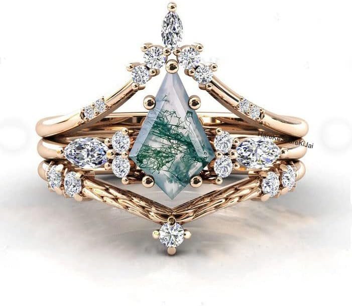 Vintage Kite Moss Agate Ring Set, Green Gemstone Ring for Women, 925 Sterling Silver Black Rhodium Ring, 3pcs Engagement Ring Set, Unique Christmas Gift, Boho Style Women Jewelry