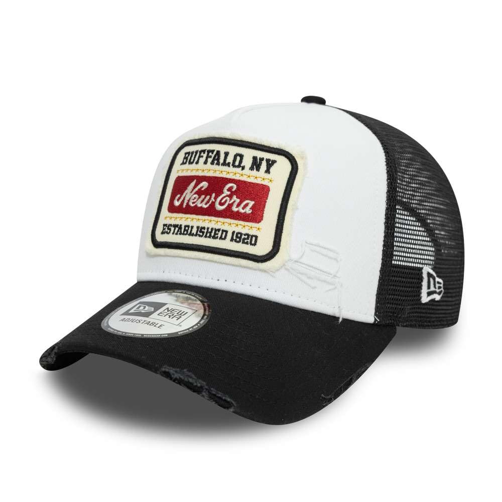 New Era Distress Vintage Mesh Trucker Cap - Brand Patch - One Size White