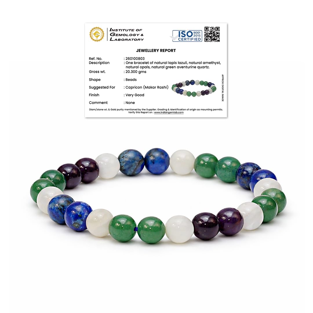 Capricorn (Makar Rashi) Maha Dhanyog Bracelet | Makar Rashi Bracelet with Amethyst, Green Aventurine, Opal & Lapis Lazuli | Powerful Money Magnet | Capricorn Rashi | Ideal Gift for Men & Women | Rashi-specific Maha Dhanyog | Free Selenite Plate-image-43
