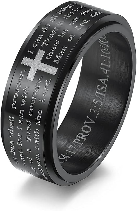 Inspirational Bible Verses Rotatable Christian Jesus Christ Lord Prayer Stress Relief Spinner Fidget Band Rings for Men Women for Anxiety Finger Rotate Freely Stainless Steel Wedding Couple Birthday Anniversary Dad Christmas Gifts