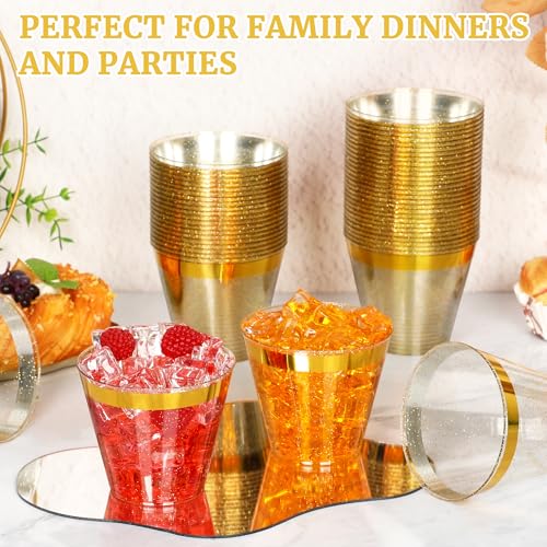 Image of 100 Pcs 9oz Glitter Gold Plastic Cups,9Oz Gold Rimmed Plastic Cups With Glitter Golden,Heavy Duty Clear Disposable Plasitc Cocktail Tumblers Wine Cup for Party,Wedding,Birthday,Holiday
