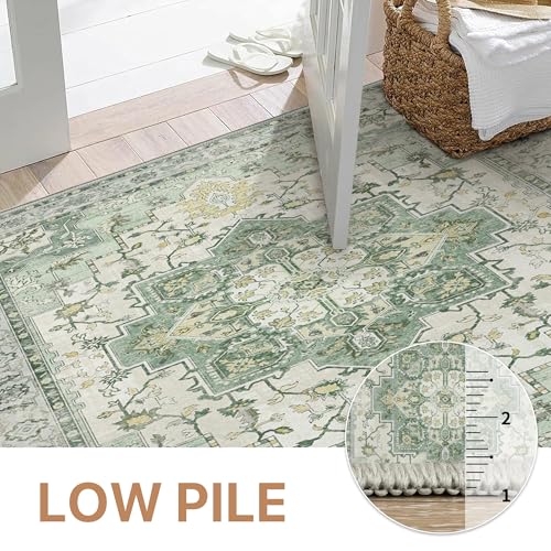 GENIMO 7'6''x9'6'' Area Rugs for Living Room, Machine Washable Non Slip Vintage Rugs, Low Pile Lightweight Chenille Print Rug for Bedroom, Dining Room, Home Office, Green