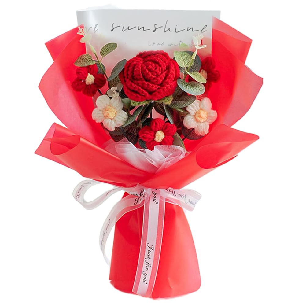 Chordobe Crochet Flower Rose Bouquet - Handmade Artificial Flower for Festival Wedding Graduation Anniversary - Knitted Rose Bouquet for Women (Red)