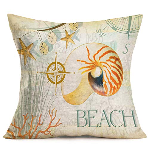 Asminifor Throw Pillow Covers Sea Ocean Beach Theme Nautical Ocean Coral Seashells Decorative Pillow Case Coastal Cushion Covers Set Of 4 Mediterranean Style Pillowslip 18" X 18"(Conch Set) #TOP4