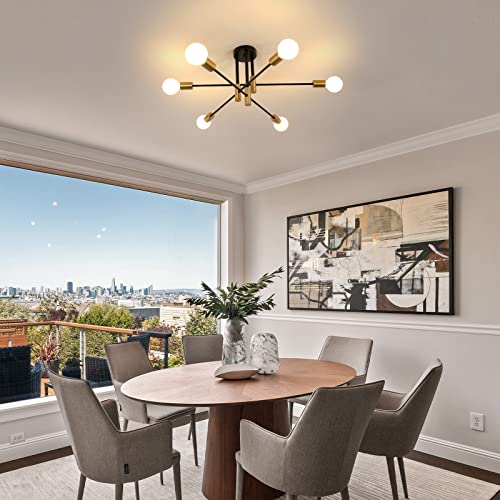 Goeco Modern Sputnik Chandelier Light Fixture, 6 Lights Mid Century Semi Flush Mount Ceiling Light, Adjustable Arm Pendant Ceiling Lighting For Living Room Bedroom Kitchen Dining Room Hallway #TOP4