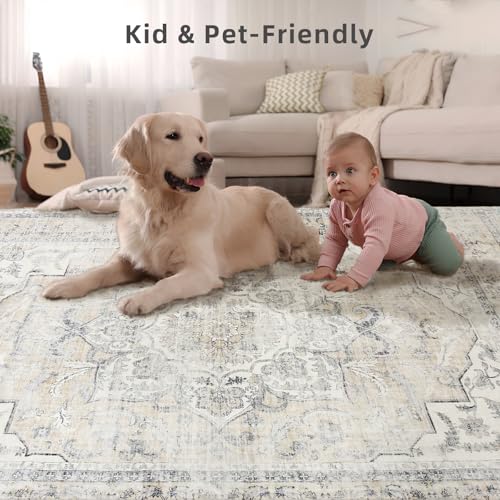 Washable Area Rugs for Living Room: 6'x9' Bedroom Area Rug Boho Stain Resistant Distressed Vintage Accent Rug Non Slip Low Pile Faux Wool Soft Rug for Kitchen Entryway Bedside Nursery Dining Room