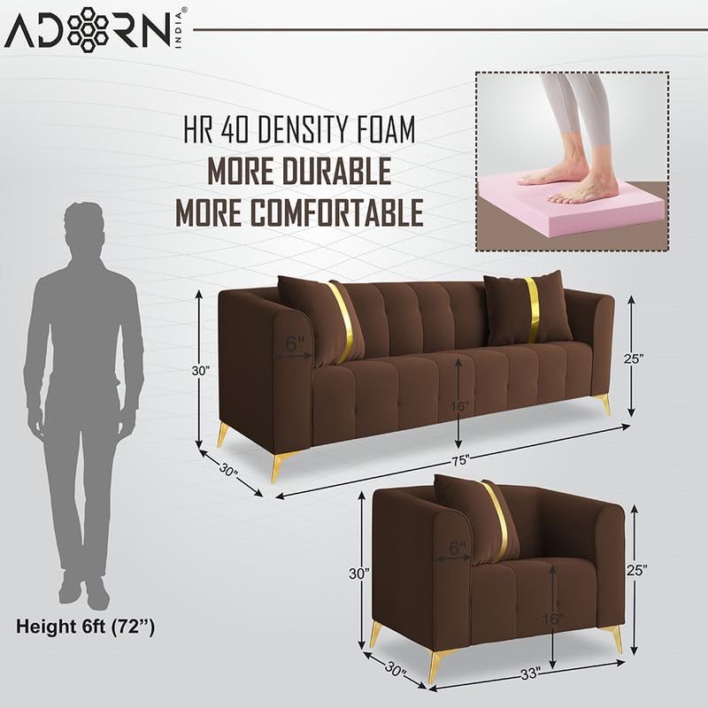 Image of Adorn India Premium Mystic - 3 Years Warranty - 3+1+1 Sofa Set Velvet Suede Fabric - Brown