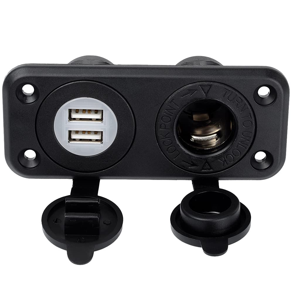 Jtron 1-Socket Cigarette Lighter Power Adapter DC Outlet Splitter 2.1A Waterproof Dual USB Slot Socket for RV Car Boat (Black)