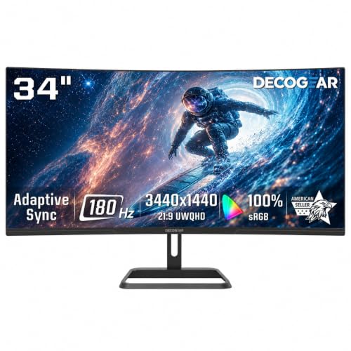 Image of Deco Gear 34 Inch Curved Gaming Monitor, 180Hz UWQHD 3440x1440 21:9 VA Display, 1ms MPRT, Adaptive Sync, 1500R, HDR Ready, 100% sRGB, Dual HDMI, DisplayPort 1.4, VESA Mount, Office & Workspace Setup