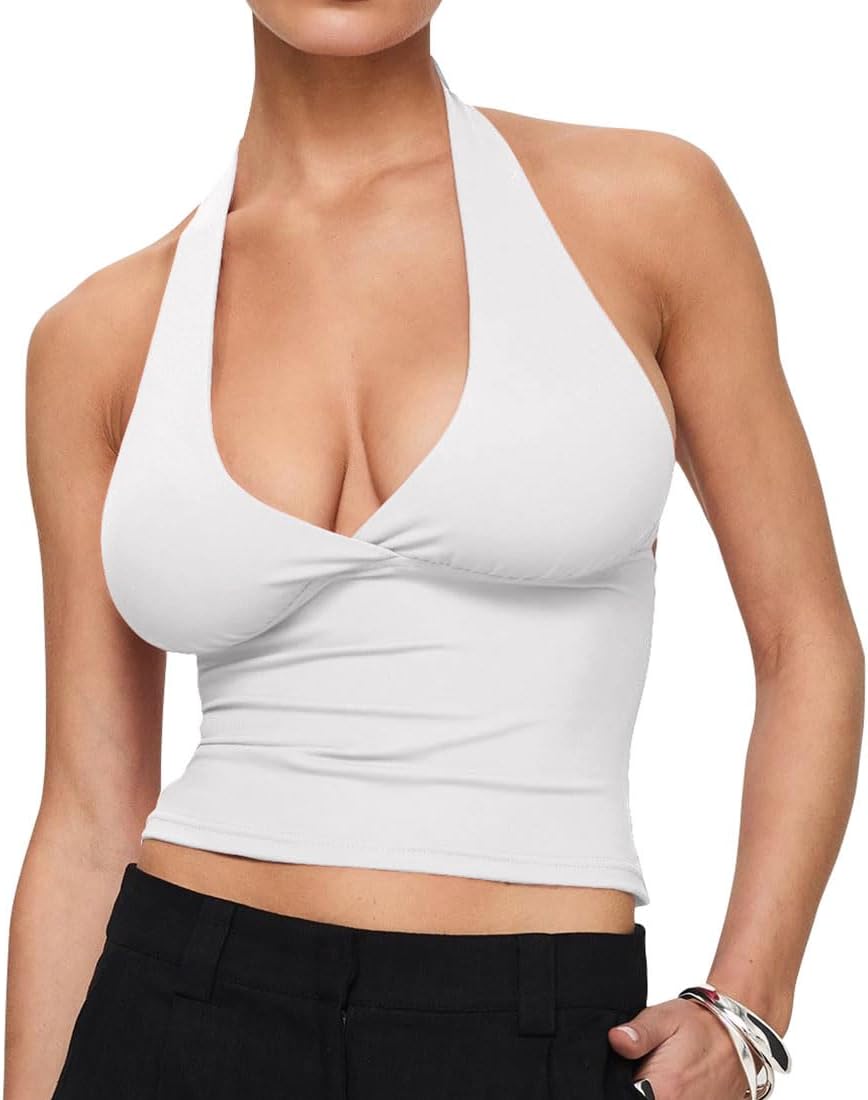 YFANG Women's Sexy Halter Tie Back Deep V Neck Sleeveless Slim Fitted Going Out Crop Tank Top - Image 5
