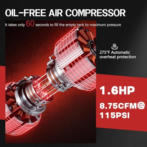Image of 8Gal Ultra Quiet Oil-Free Air Compressor Portable, Max 115PSI 1.5HP 4.52CFM 70dB Low Noise Air Compressor for Auto Repair, Bike Tires, Garage Spray Painting 110V /60Hz