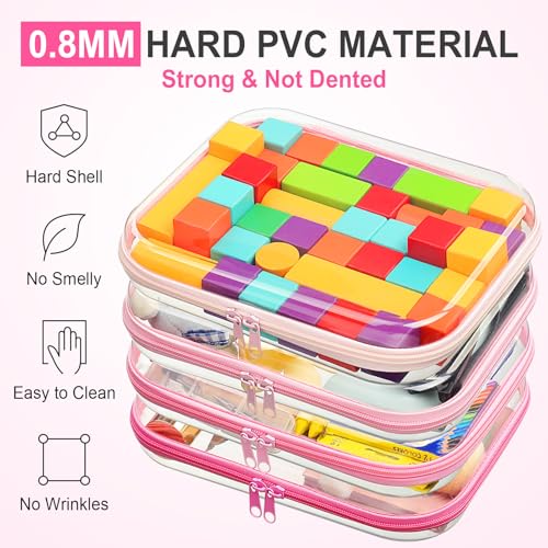 Image of Hoolerry 4 Pcs Hard Clear Zipper Case Makeup Bags Plastic Zipper Pouch Transparent Storage Box Containers for Cosmetics, Snacks, Building Blocks, Puzzles(Clear,9.8 x 7.9 x 2 in,Pink)